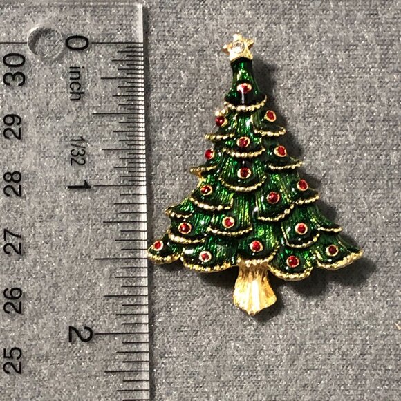 Vintage Christmas Tree Gold Green Red Brooch Pin - Picture 4 of 4